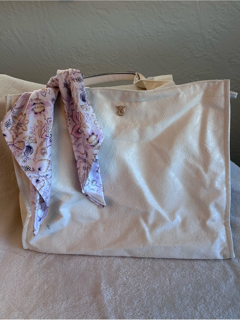 Ivory VS Tote Bag with Floral Scarf Accent